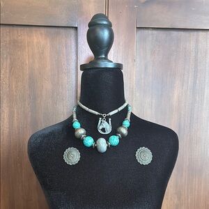 Vtg Turquoise Gunmetal Horse Charm Necklace Earrings Set